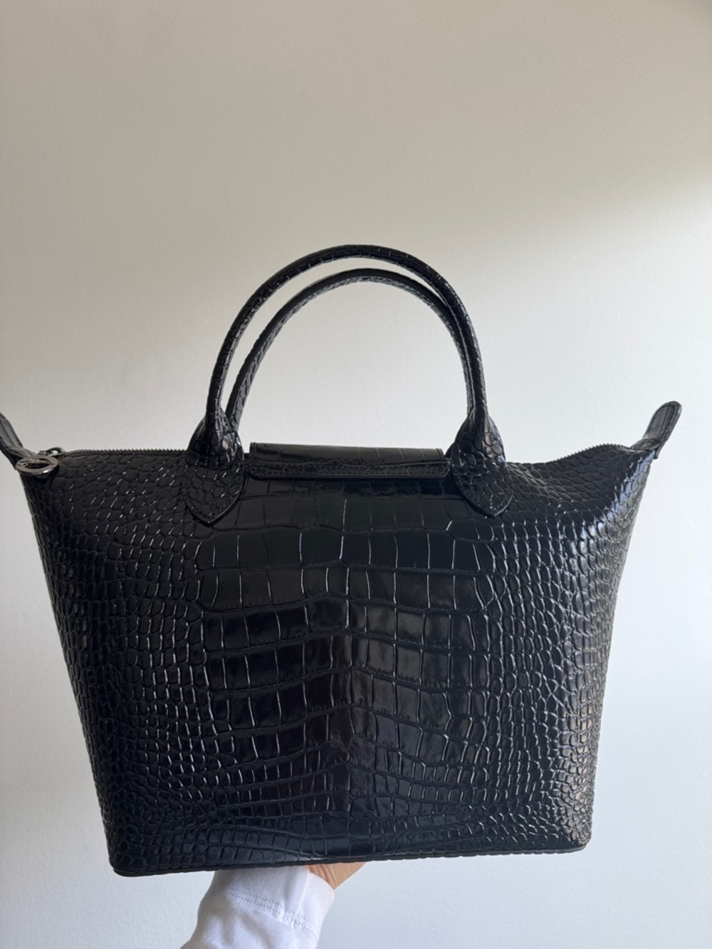 Longchamp Black Croc-Embossed Small Top-Handle Tote - Picture 4 of 11